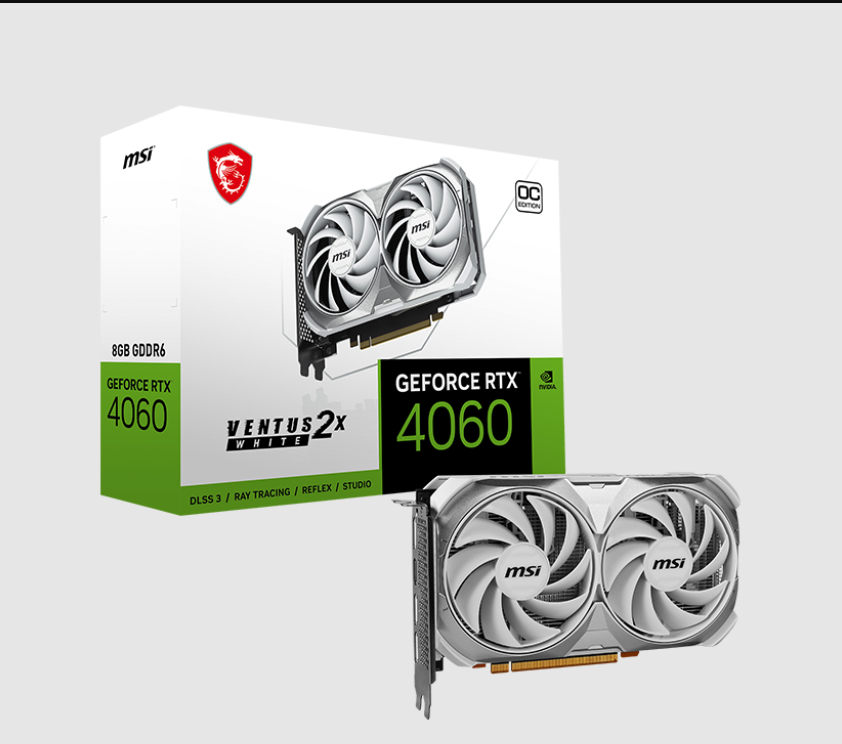  nVIDIA GeForce RTX 4060 VENTUS 2X WHITE 8G OC<br>Boost Clock: 2490 MHz, 1x HDMI/ 3x DP, Max Resolution: 7680 x 4320, 1x 8-Pin Connector, Recommended: 550W  